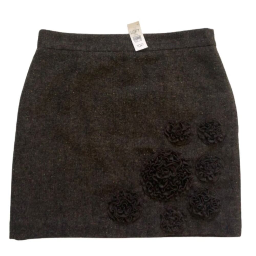 Ann Taylor Loft Skirt Brown Floral Rosette Detail Wool Blend Mini Size 10P NEW